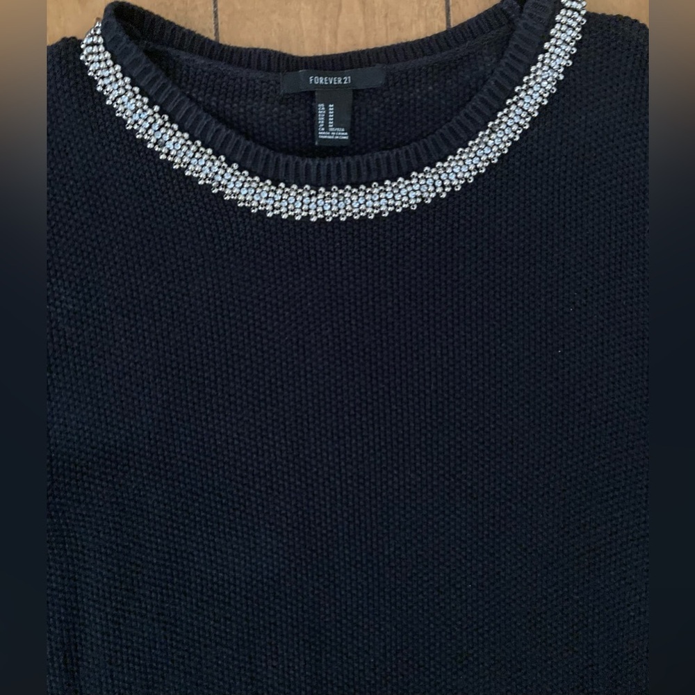 Ladies Size Medium Forever 21 Black Knit Sweater w/Silver Embellished Neckline